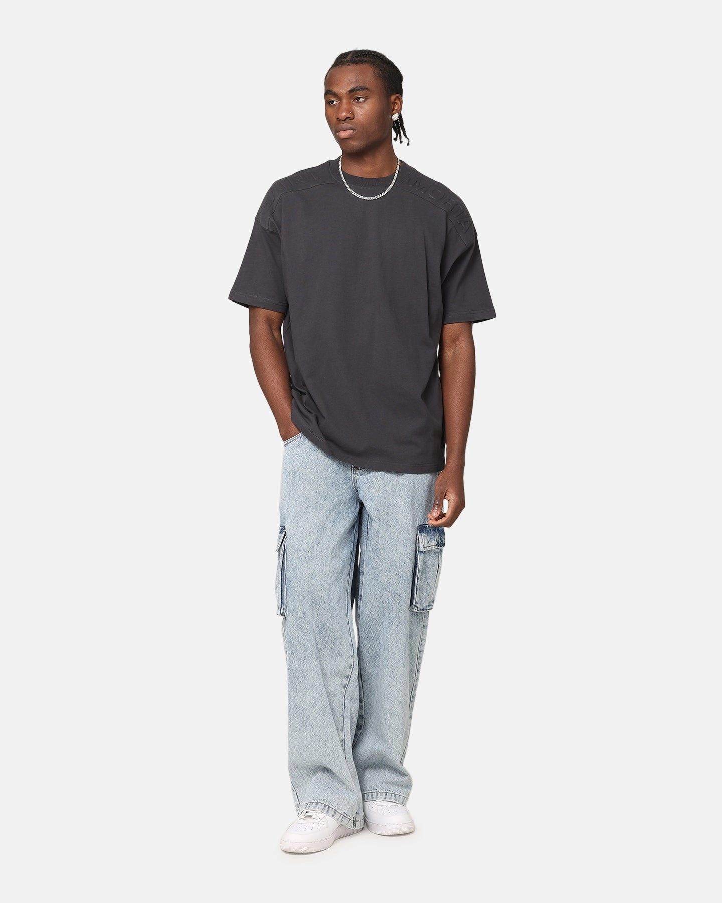 Saint Morta Emboss Boxy T-Shirt Dark Grey ConvertibleSleeves