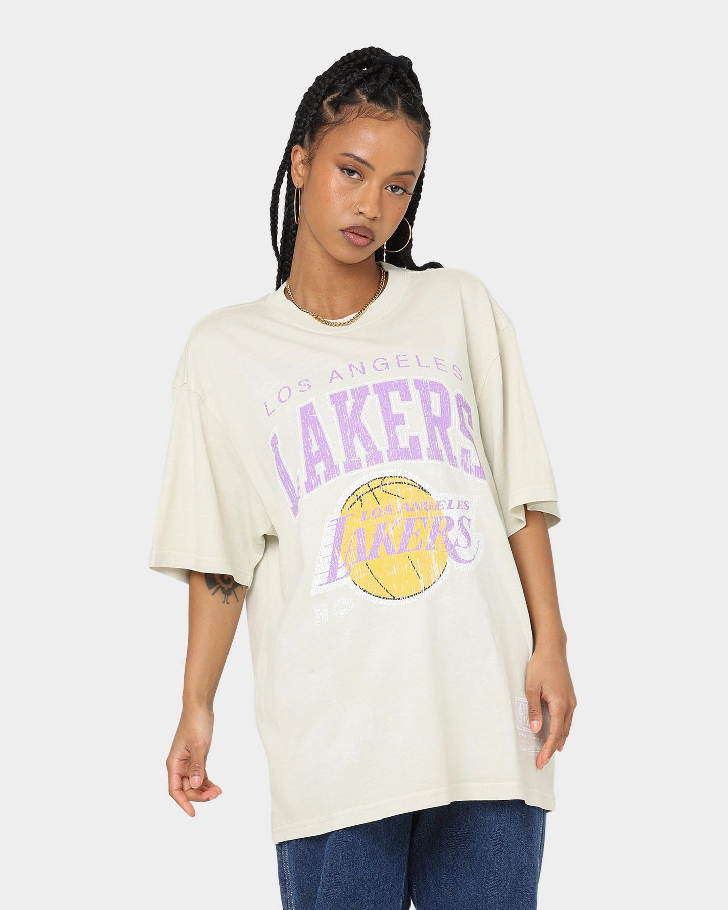 Mitchell & Ness Los Angeles Lakers XL Arch Vintage T-Shirt Faded Khaki Layered Sleeve