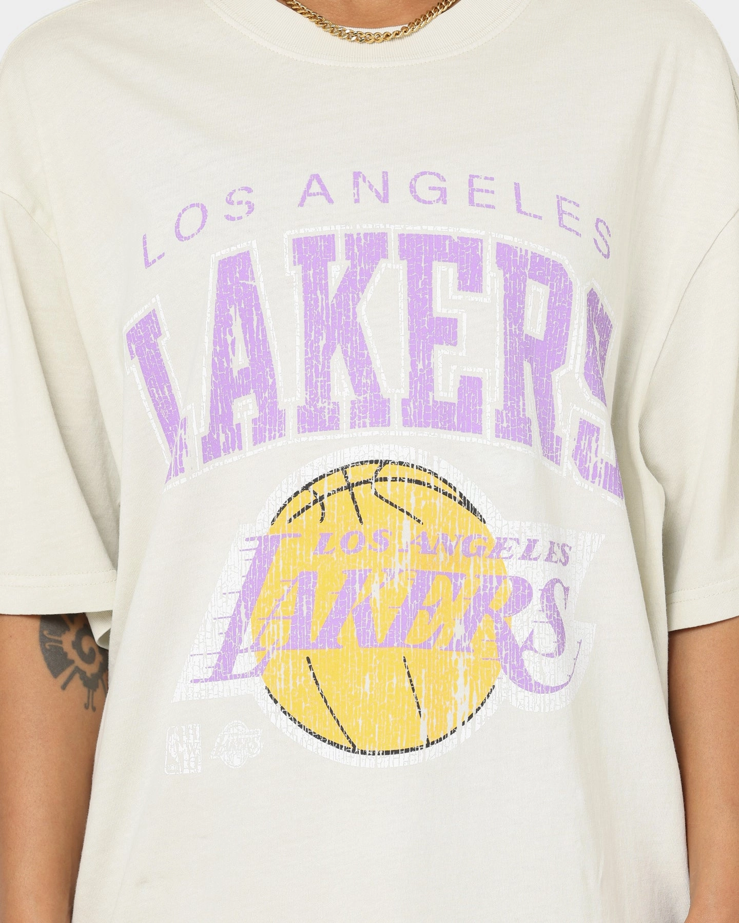 Mitchell & Ness Los Angeles Lakers XL Arch Vintage T-Shirt Faded Khaki Airflow Vents