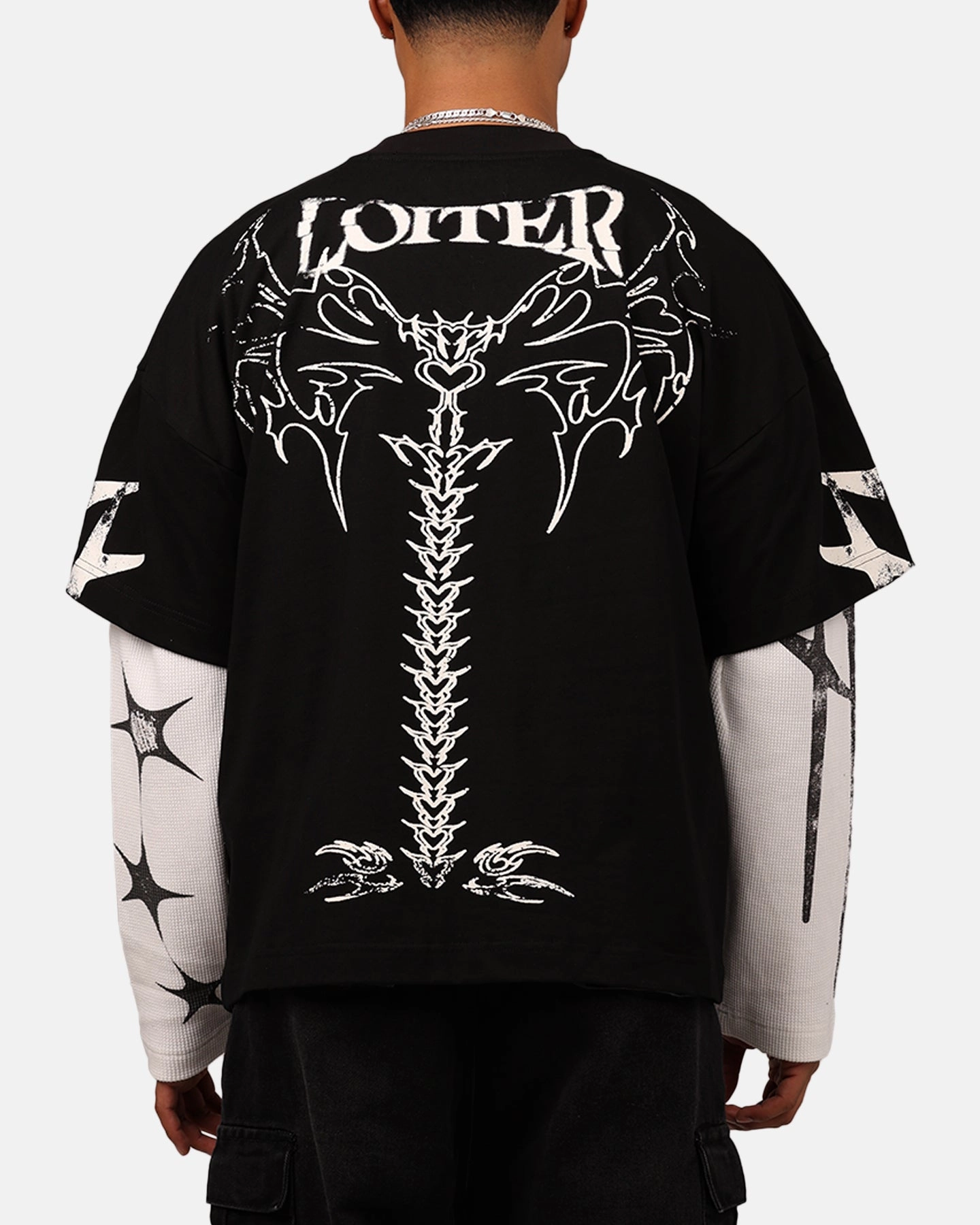 Elegant Cardigan MultipanelLayout Loiter Seek N Destroy Long Sleeve T-Shirt Vintage Black