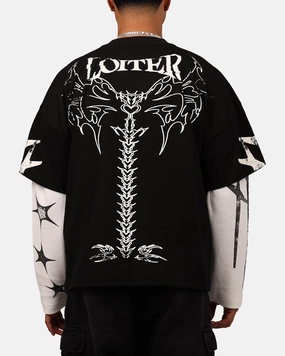 Elegant Cardigan MultipanelLayout Loiter Seek N Destroy Long Sleeve T-Shirt Vintage Black