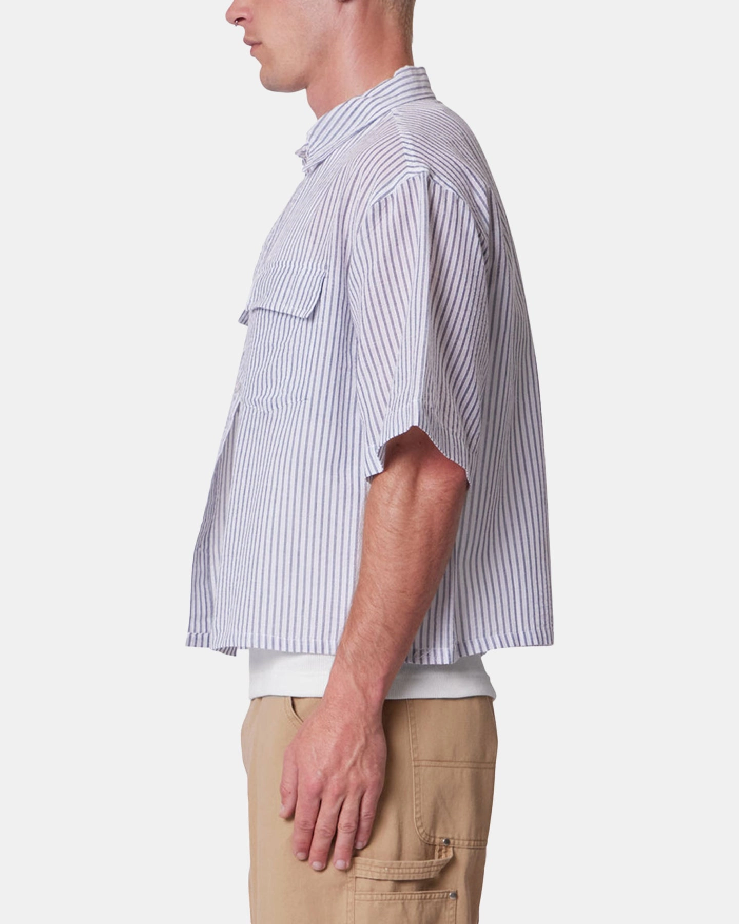 MNML Cropped Boxy Stripe Button Up Shirt Blue UltraSoft Blend