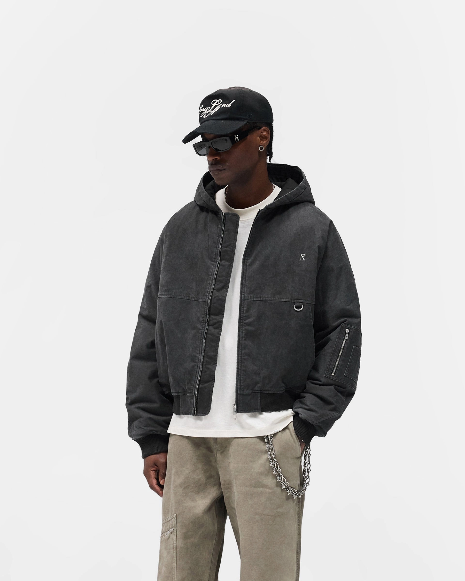 Ventilated Panels Effortless Look Hooded Bomber - Washed Black