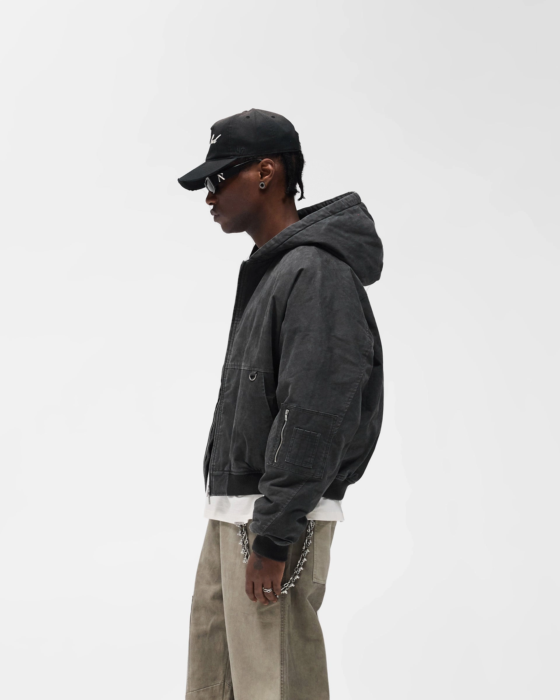 Hooded Bomber - Washed Black Cold Season Moisture Wicking Finish