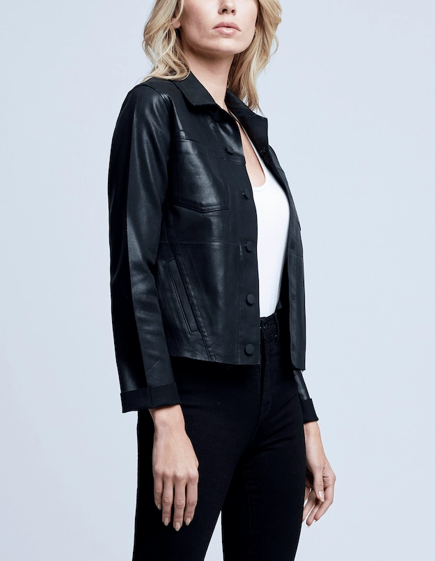 L'AGENCE Janelle Slim Raw Coated Jacket In Saturated Black Coated All Year Use Easy Movement Cut