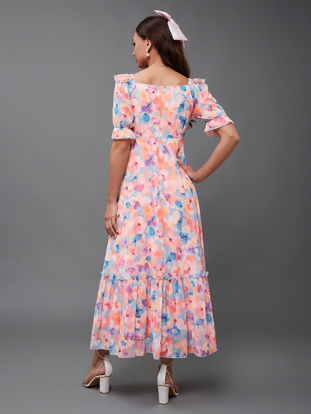 Women's Multicolored-Base-Sky Blue V-Neck Puff Sleeve Floral Ruching Ankle-Length Dress Cotton Touch
