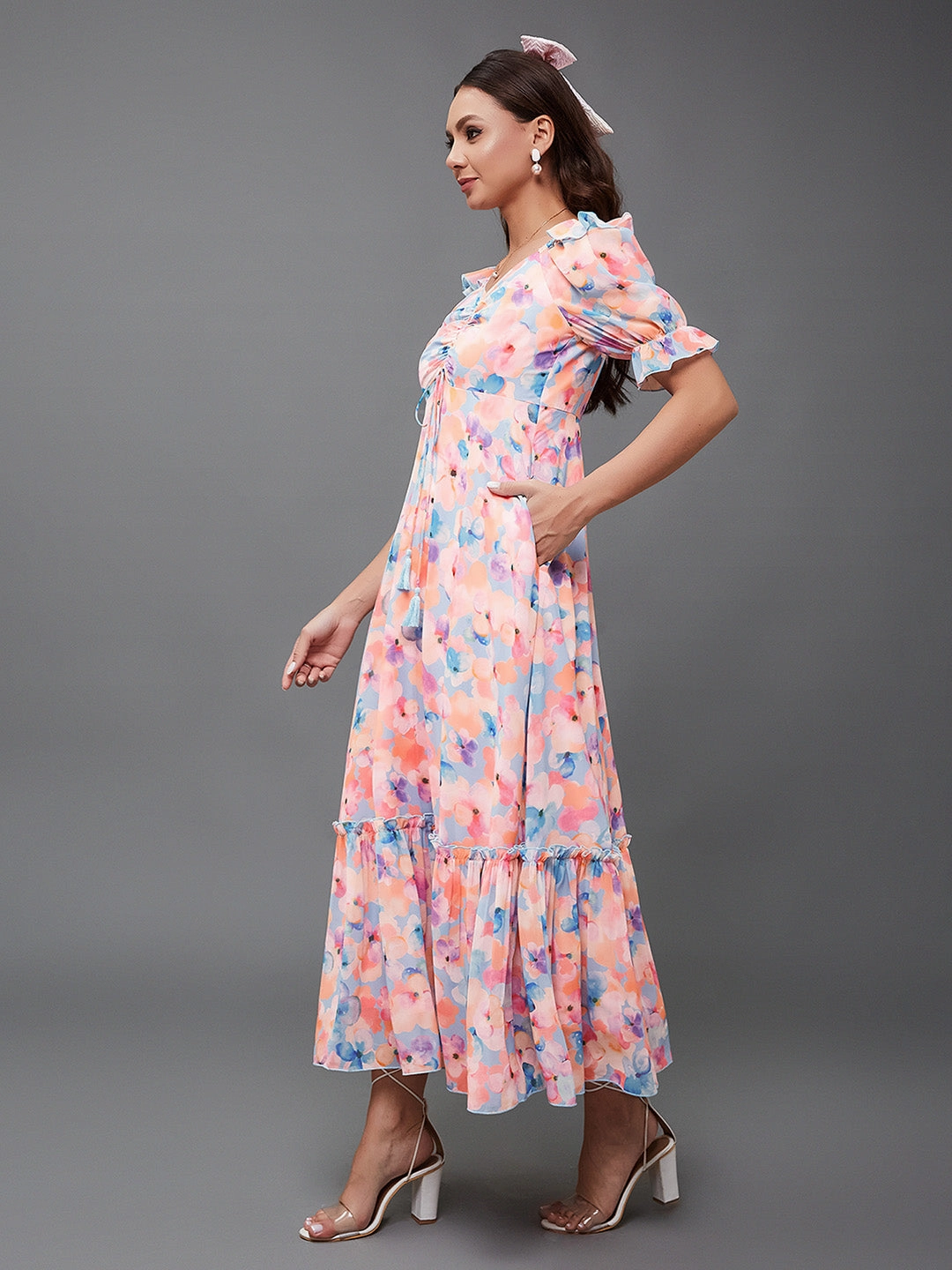 Women's Multicolored-Base-Sky Blue V-Neck Puff Sleeve Floral Ruching Ankle-Length Dress Pure Elegance