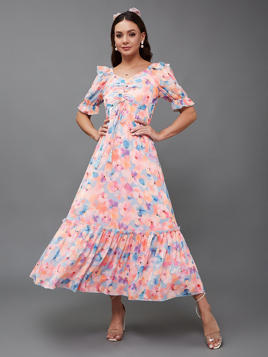 Women's Multicolored-Base-Sky Blue V-Neck Puff Sleeve Floral Ruching Ankle-Length Dress Travel-Style
