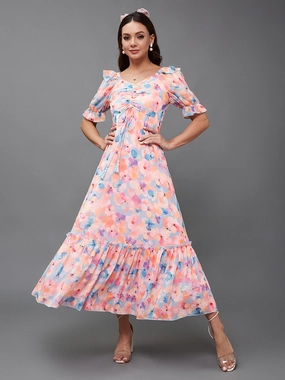 Women's Multicolored-Base-Sky Blue V-Neck Puff Sleeve Floral Ruching Ankle-Length Dress Travel-Style