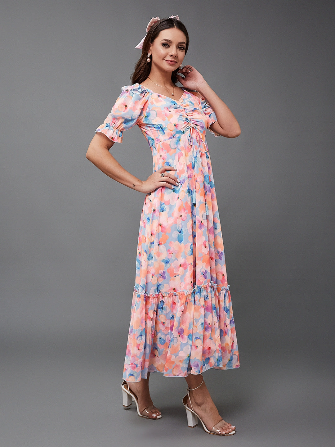 Women's Multicolored-Base-Sky Blue V-Neck Puff Sleeve Floral Ruching Ankle-Length Dress Satin Fabric