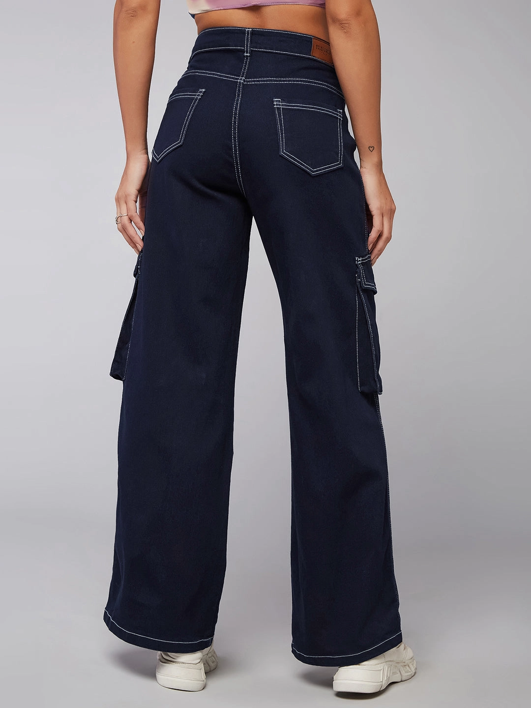 24/7 Comfort Navy-Blue Wide-Leg High-Rise Stretchable Denim Jeans Sharp Edge
