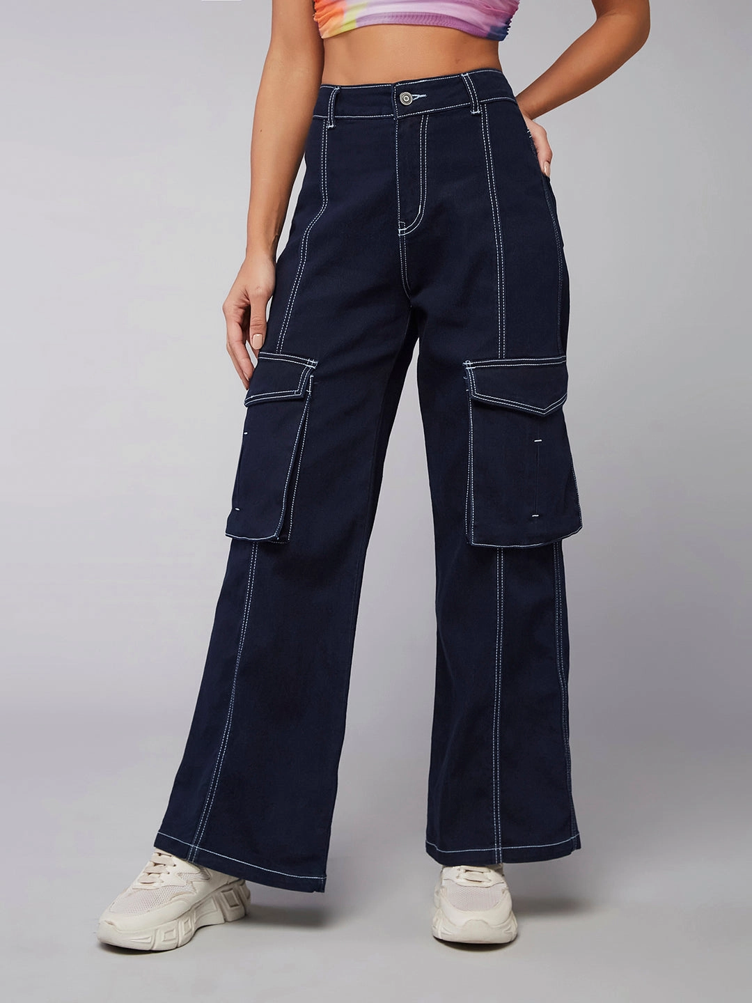 Hidden Rivet Details Fresh casual 24/7 Comfort Navy-Blue Wide-Leg High-Rise Stretchable Denim Jeans