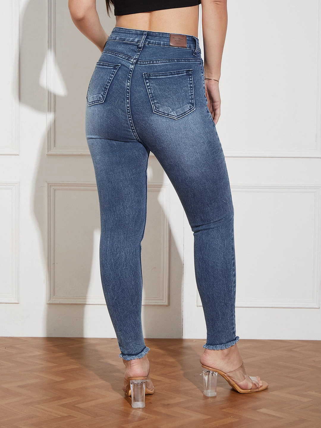 Versatile Fit City Walk Comfy Weekend Getaway Women's Mid Blue High Rise Mildly-Distressed Cropped Stretchable Denim Skinny Jeans