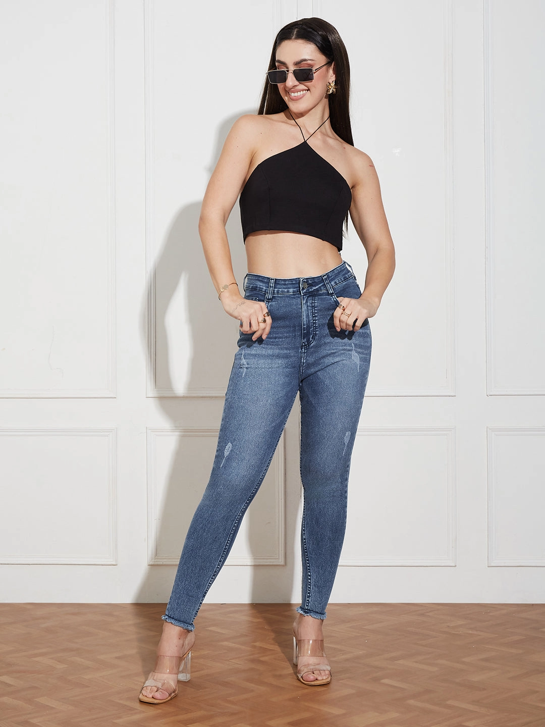 Women's Mid Blue High Rise Mildly-Distressed Cropped Stretchable Denim Skinny Jeans Weekend Style Modern