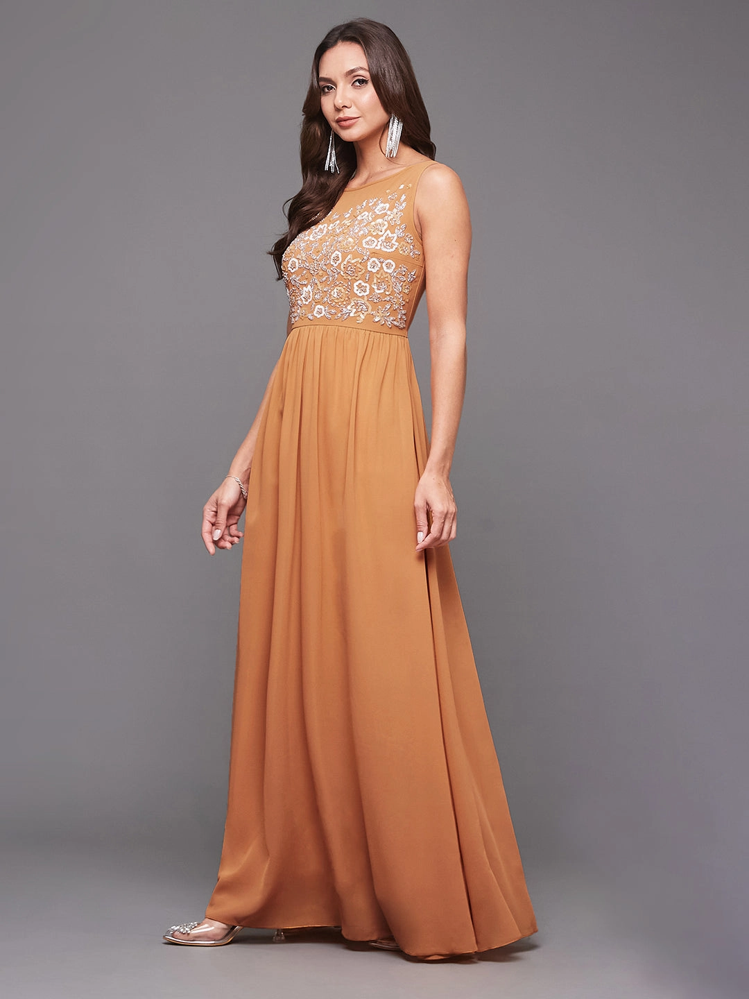 Women's Dusty Orange Boat Neck Sleeveless Embroidered Georgette Gathered Maxi Dress Sleek Tone Fashionable Fit