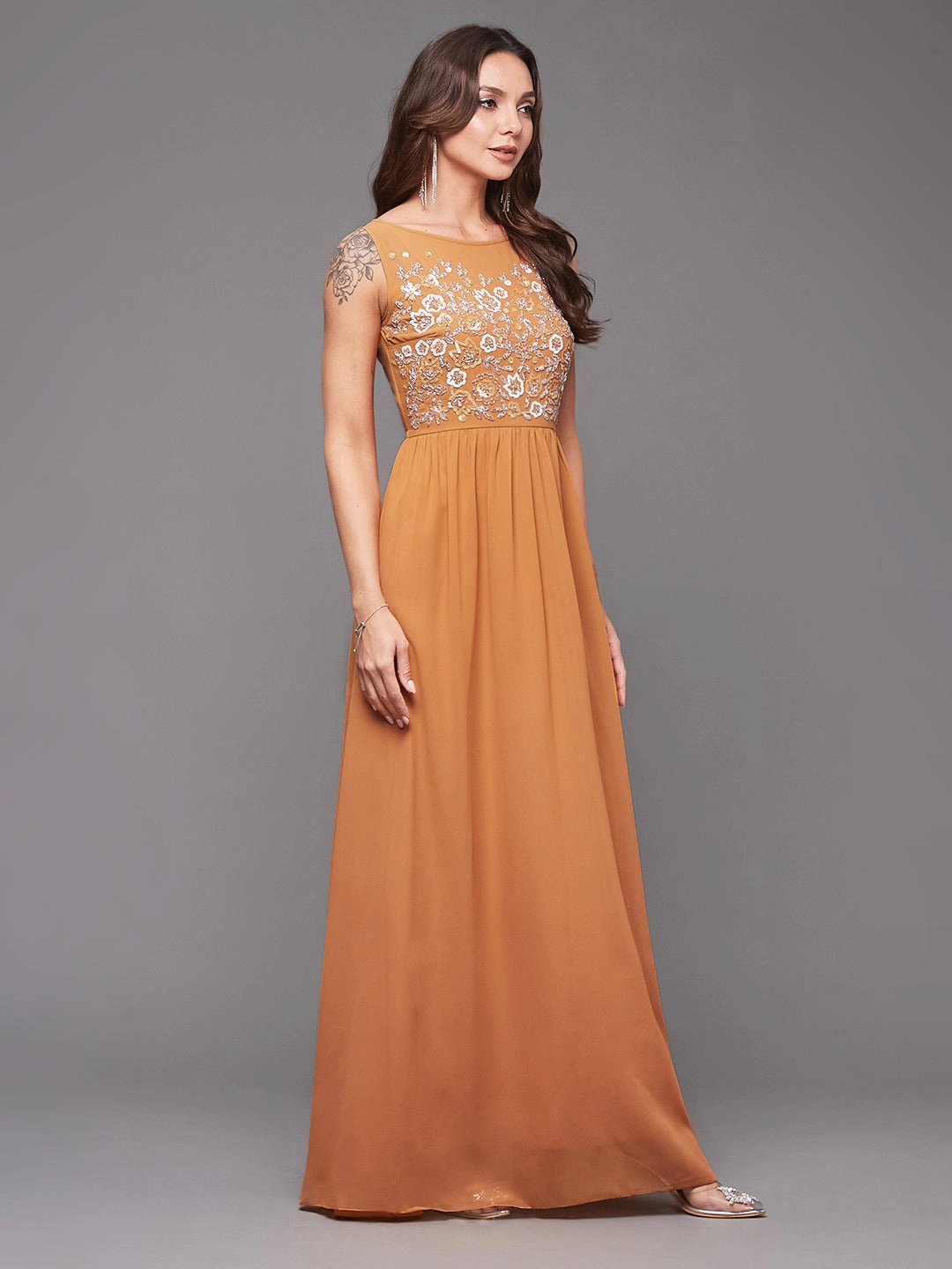 Women's Dusty Orange Boat Neck Sleeveless Embroidered Georgette Gathered Maxi Dress Timeless Comfort Wear