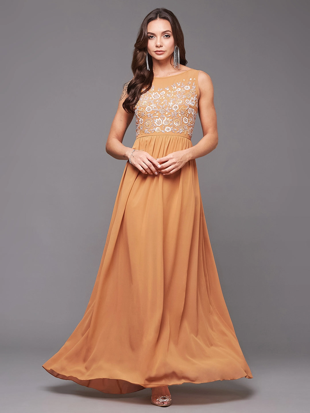 Layering Comfort Women's Dusty Orange Boat Neck Sleeveless Embroidered Georgette Gathered Maxi Dress