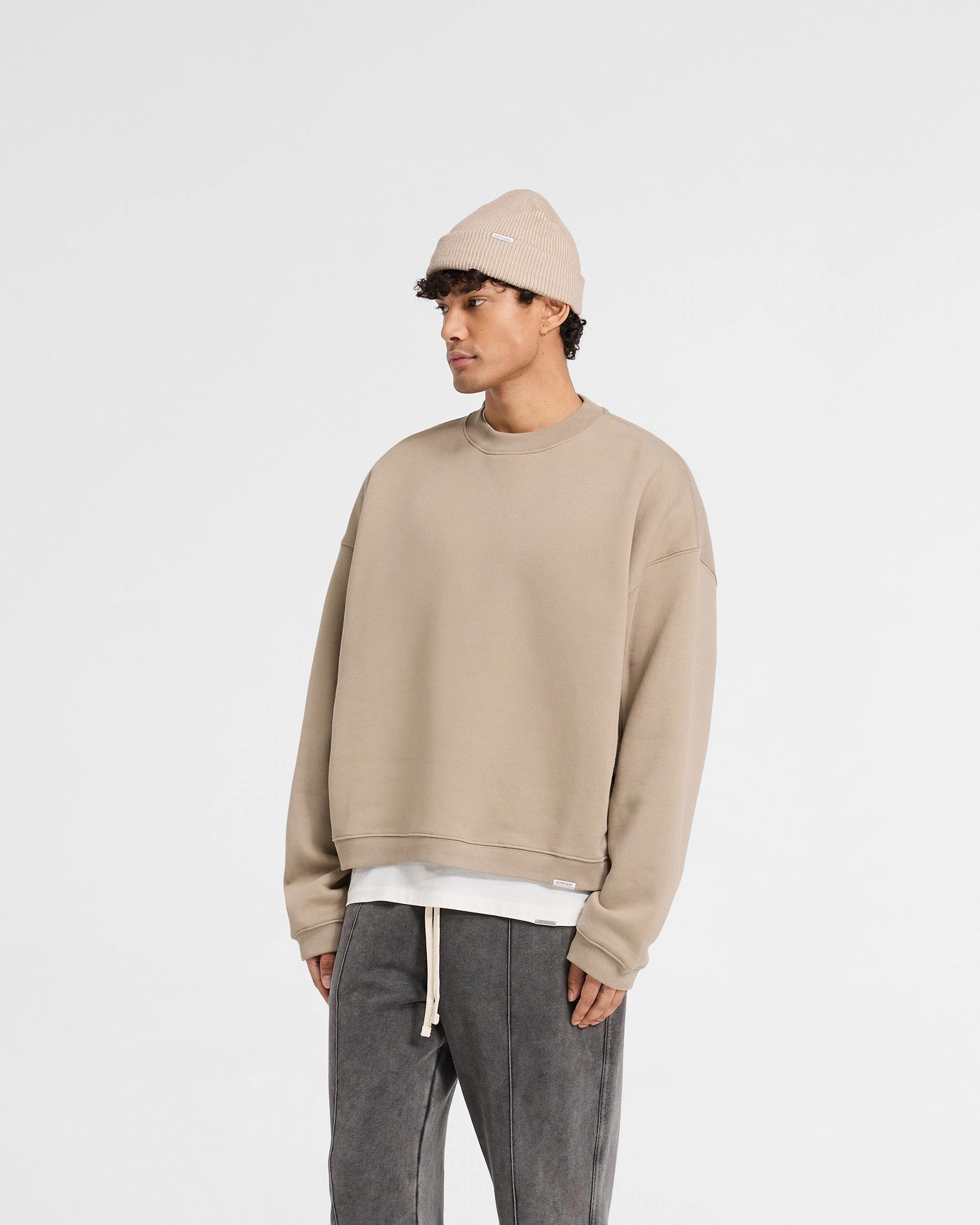 Initial Boxy Sweater - Dune Garment Washed Contrast Trim Accent