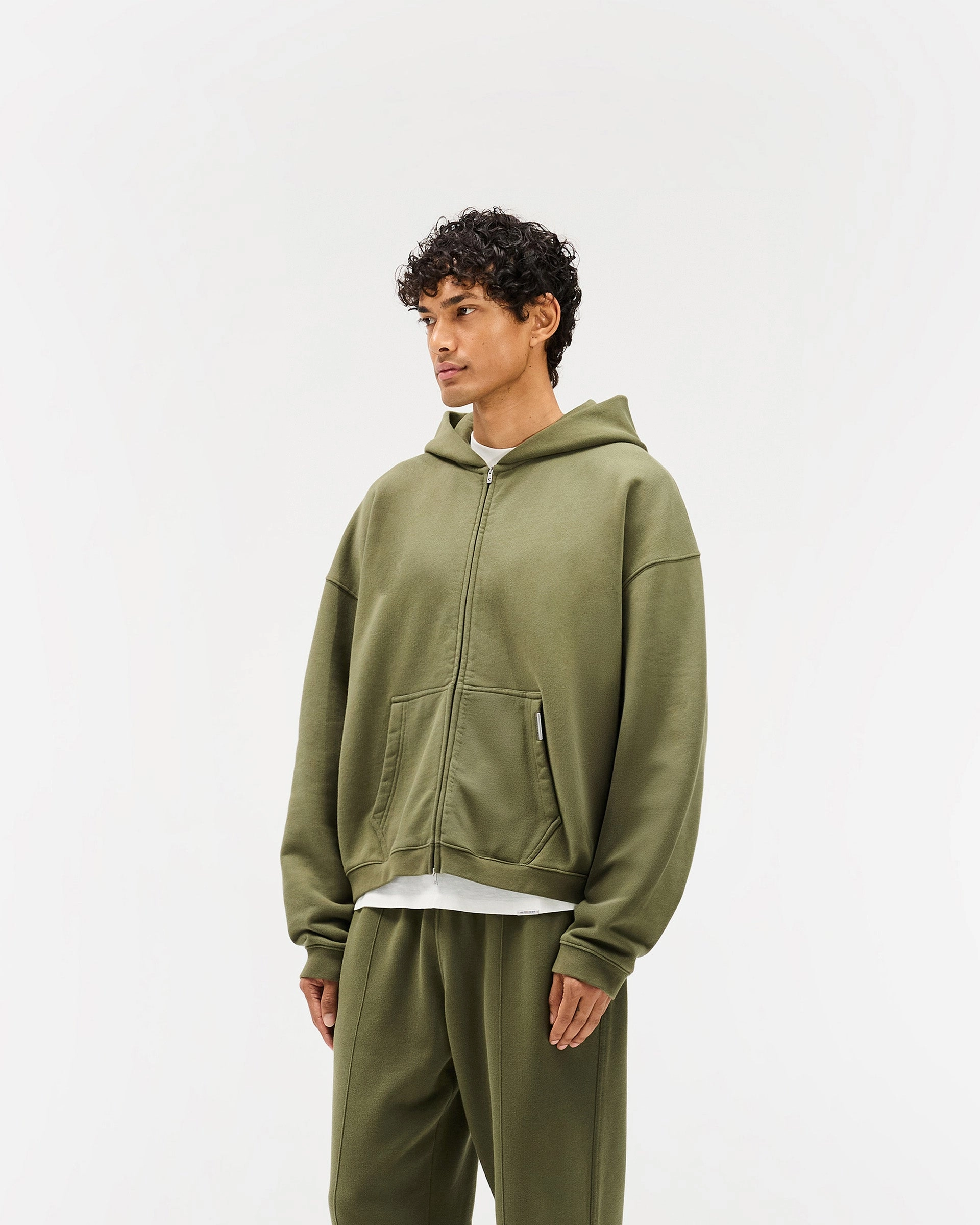 Logo Patch Initial Boxy Zip Through Hoodie - Army Green
