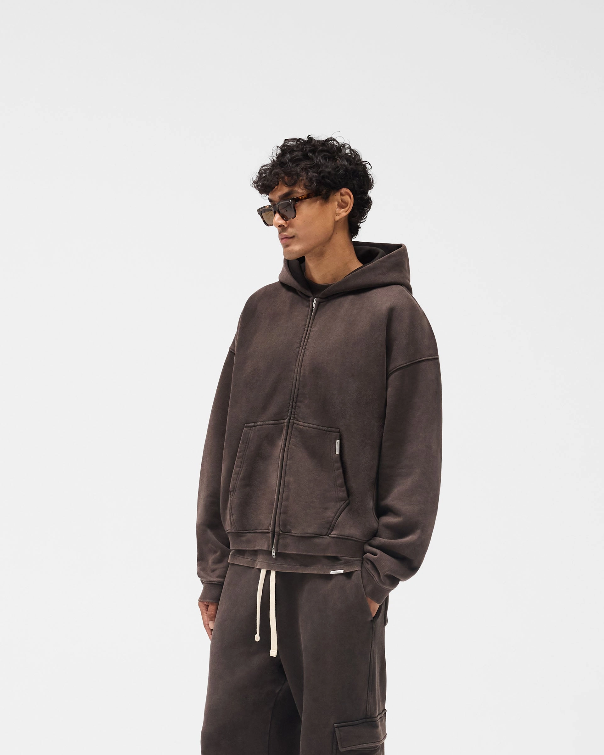 Initial Boxy Zip Through Hoodie - Coffee Compact Ribbed Cuffs