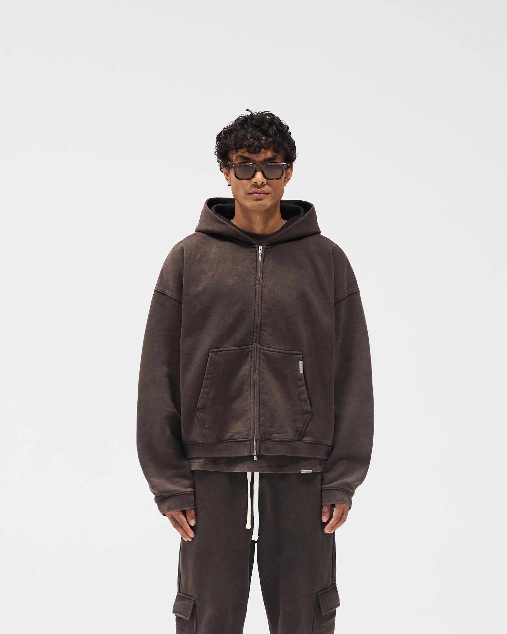 Initial Boxy Zip Through Hoodie - Coffee Brushed Interior Texture Yoga wear