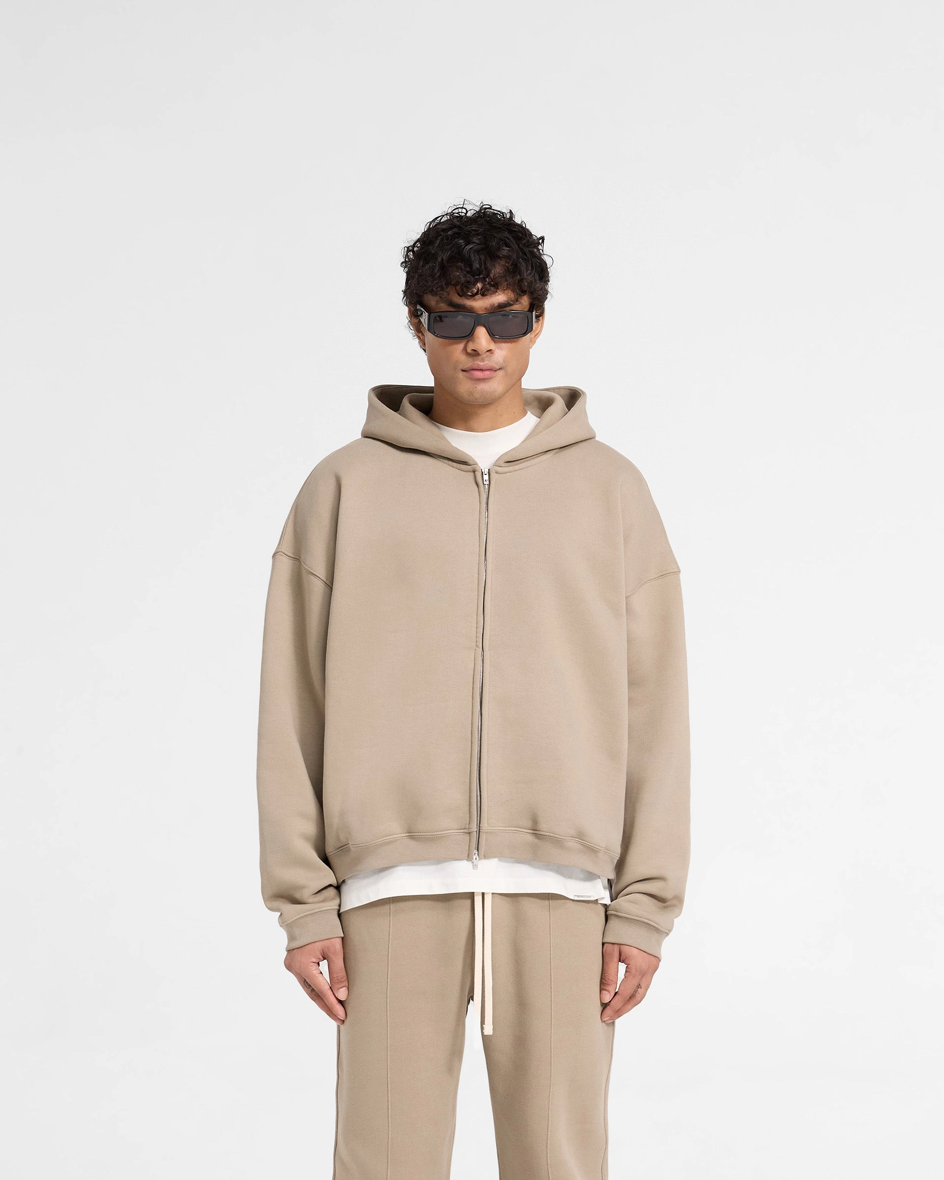 Contrast Stitching Accents Initial Boxy Zip Through Hoodie - Dune