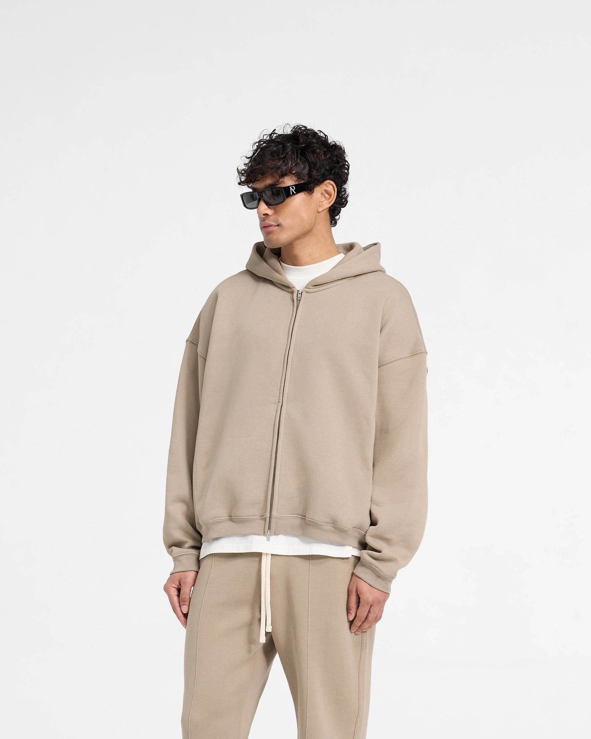Soft touch finish Initial Boxy Zip Through Hoodie - Dune