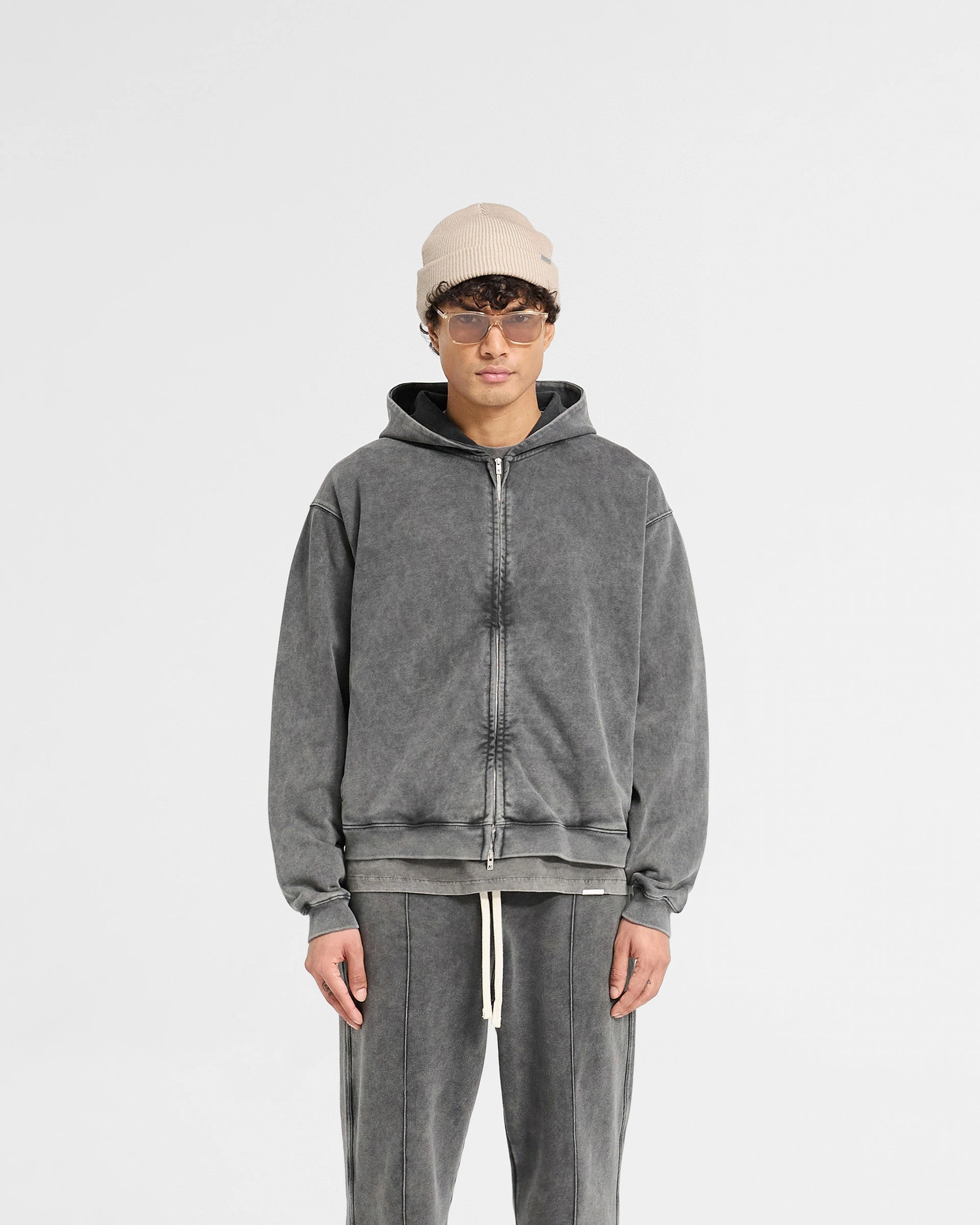 Outdoor Scene Ribbed Cuffs Initial Zip Hoodie - Vintage Grey