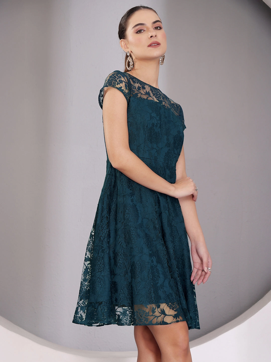 Women's Teal Round Neck Cap Sleeve Self-Designed Skater Mini Dress Grace Flow Light Motion