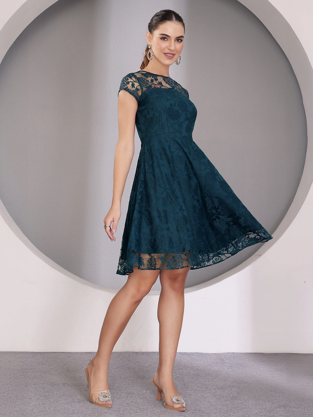 Women's Teal Round Neck Cap Sleeve Self-Designed Skater Mini Dress Satin Grace