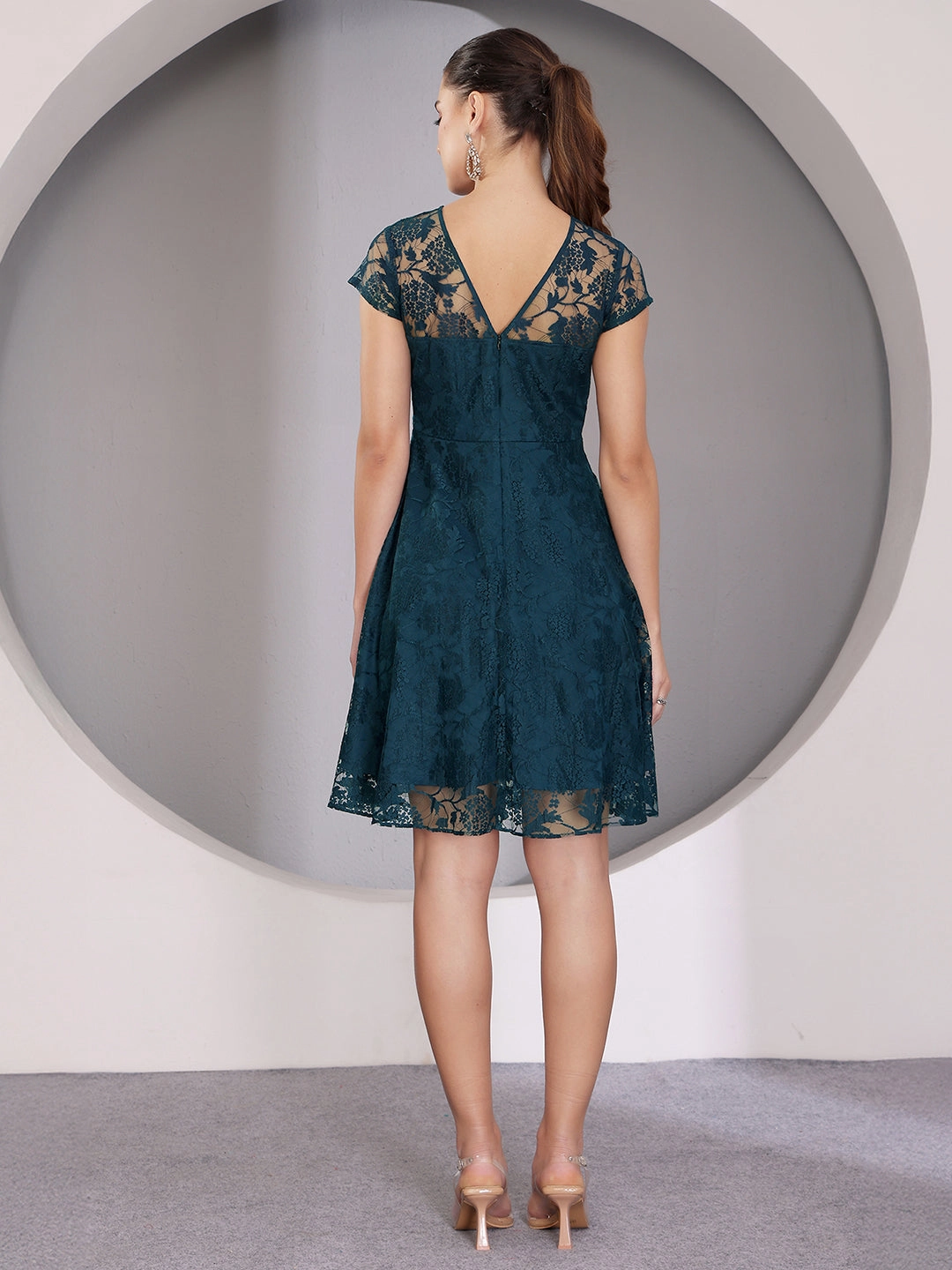 Wool-Blend Women's Teal Round Neck Cap Sleeve Self-Designed Skater Mini Dress