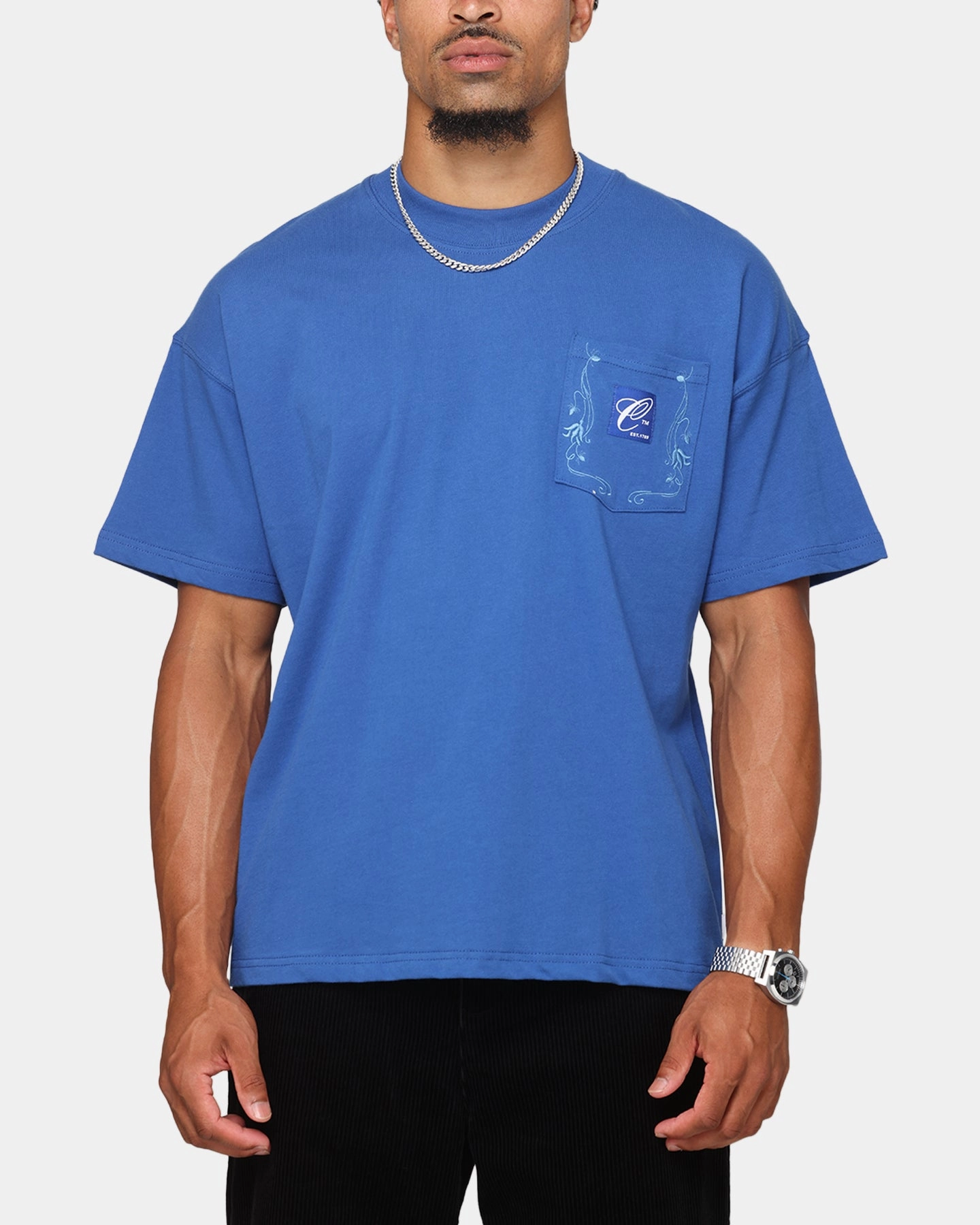 Carre Floral Pocket Oversized T-Shirt Blue TaglessCollar Stylish Hoodie