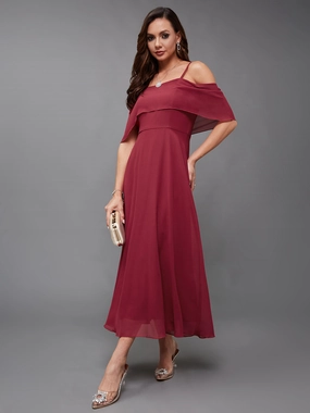Women's Maroon Off-Shoulder Sleeveless Solid Skater Midi Dress Form Focus Cruise-Wear