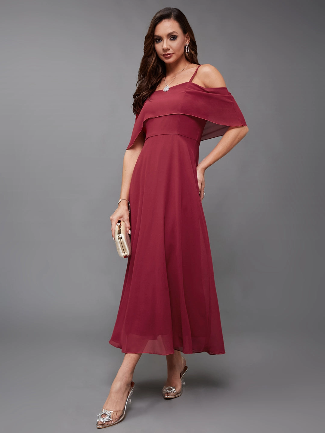 Women's Maroon Off-Shoulder Sleeveless Solid Skater Midi Dress Form Focus Cruise-Wear