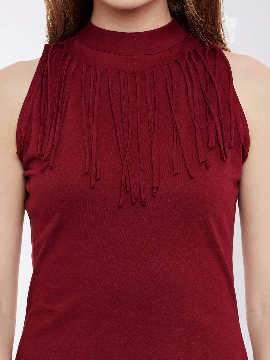 Women's Maroon Round Neck Sleeveless Solid Mini Bodycon Dress Cotton Touch