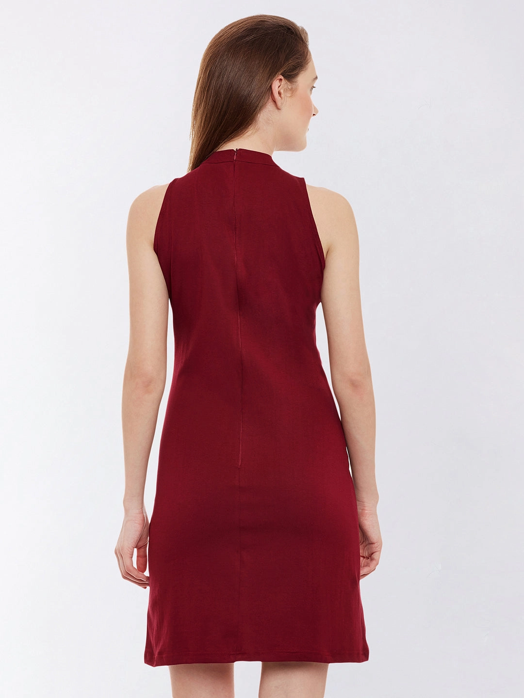 Women's Maroon Round Neck Sleeveless Solid Mini Bodycon Dress Euro Ease