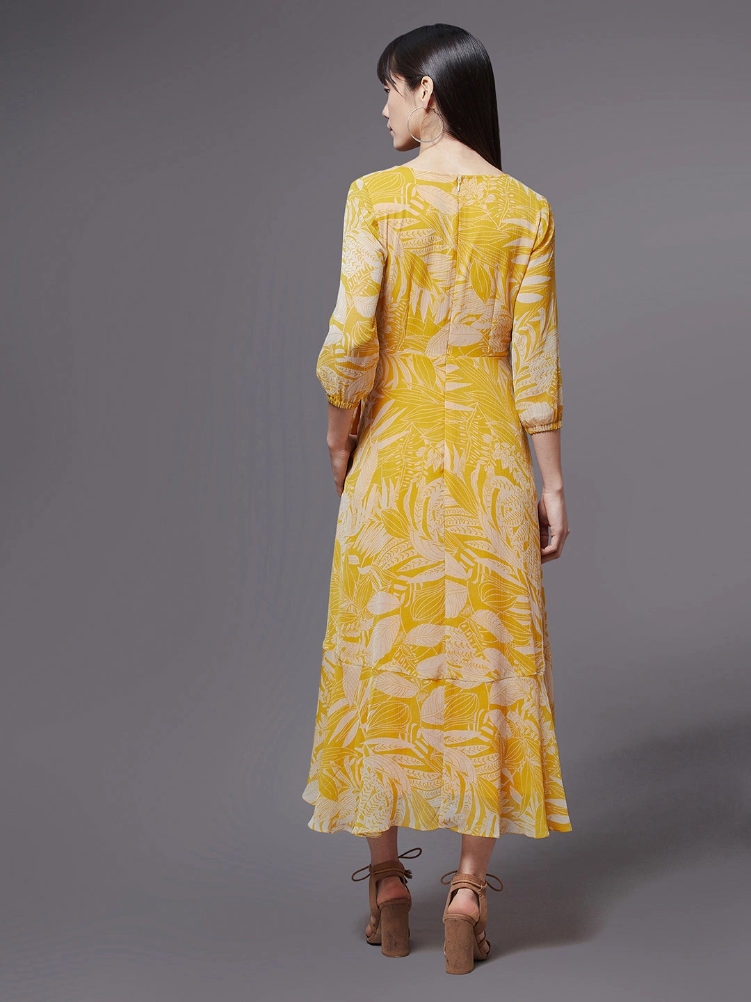 Inclusive Fit Women's Yellow & White V-Neck Full Sleeve Floral Layered Maxi Dress