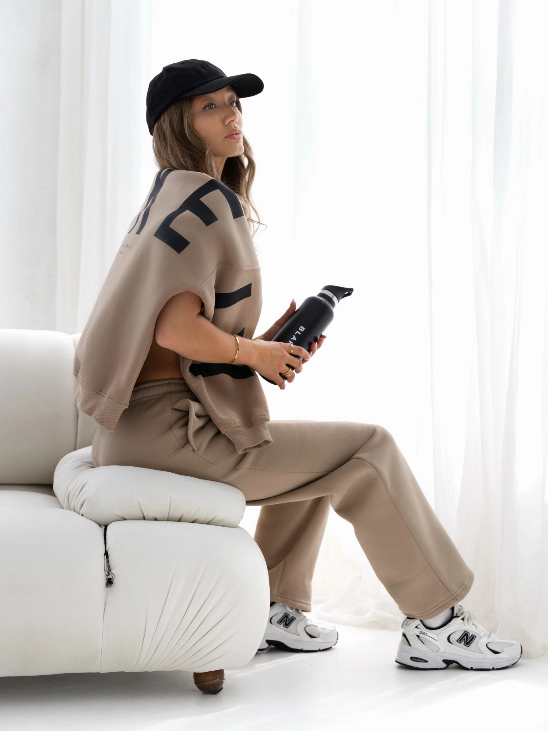 Flexible Ankle Cuffs Classy Fit Isabel Wide Leg Sweatpants - Tan