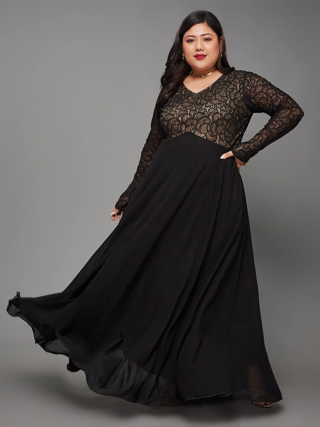 Body Bliss Black Full Sleeve Lace-Overlaid Georgette Maxi Dress Balanced Lines