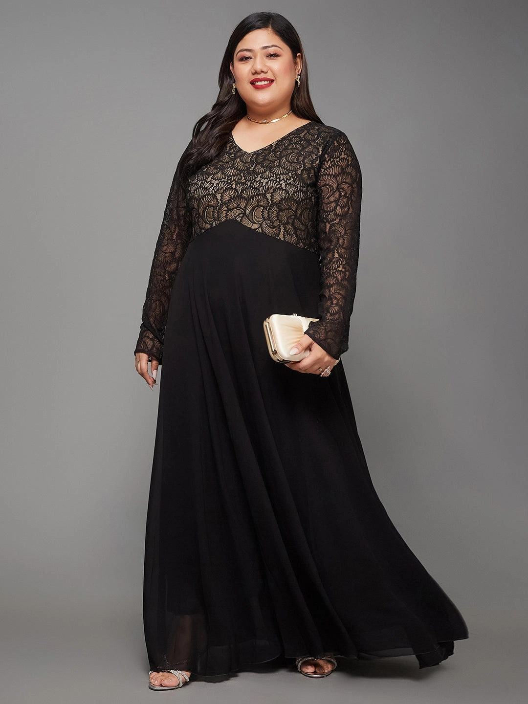 Body Bliss Black Full Sleeve Lace-Overlaid Georgette Maxi Dress Bow-Detail Bold Color