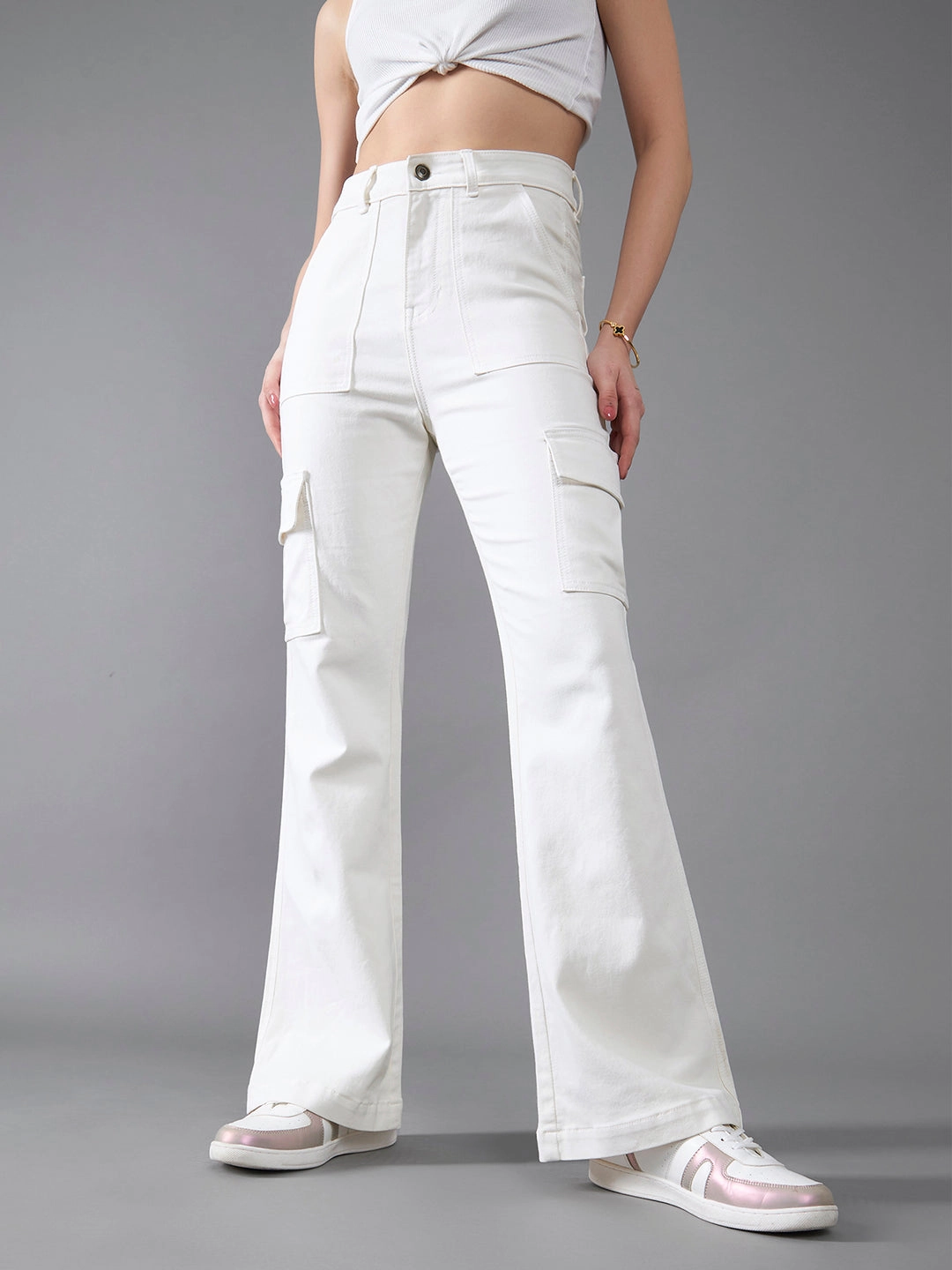 Textured Family Style Autumn Days Work Meeting Casual CHASEstretch? White Wide-Leg High-Rise Denim Jeans