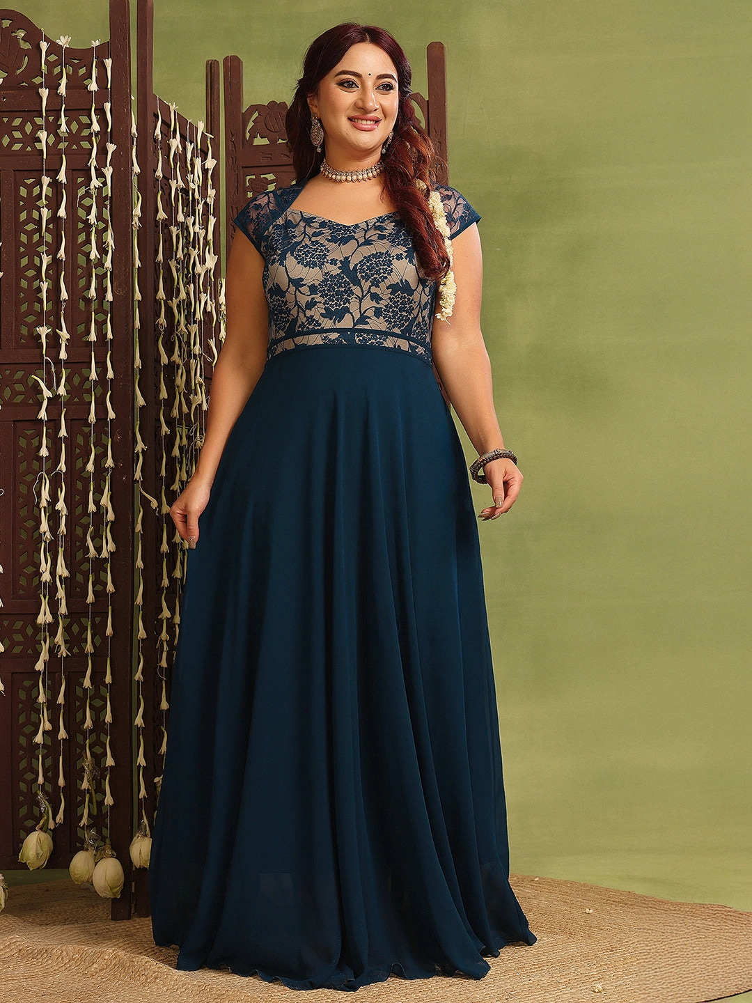 Women's Teal Floral V-Neck Cap-Sleeves Lace-Overlaid Fit & Flare Paneled Maxi Dress Grab Now