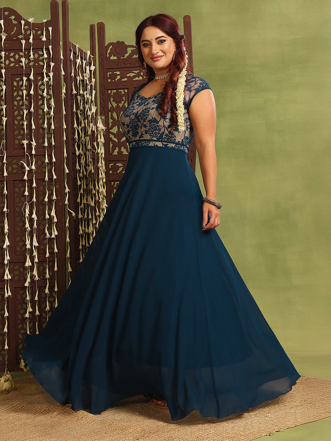 Women's Teal Floral V-Neck Cap-Sleeves Lace-Overlaid Fit & Flare Paneled Maxi Dress Sleek Silhouette