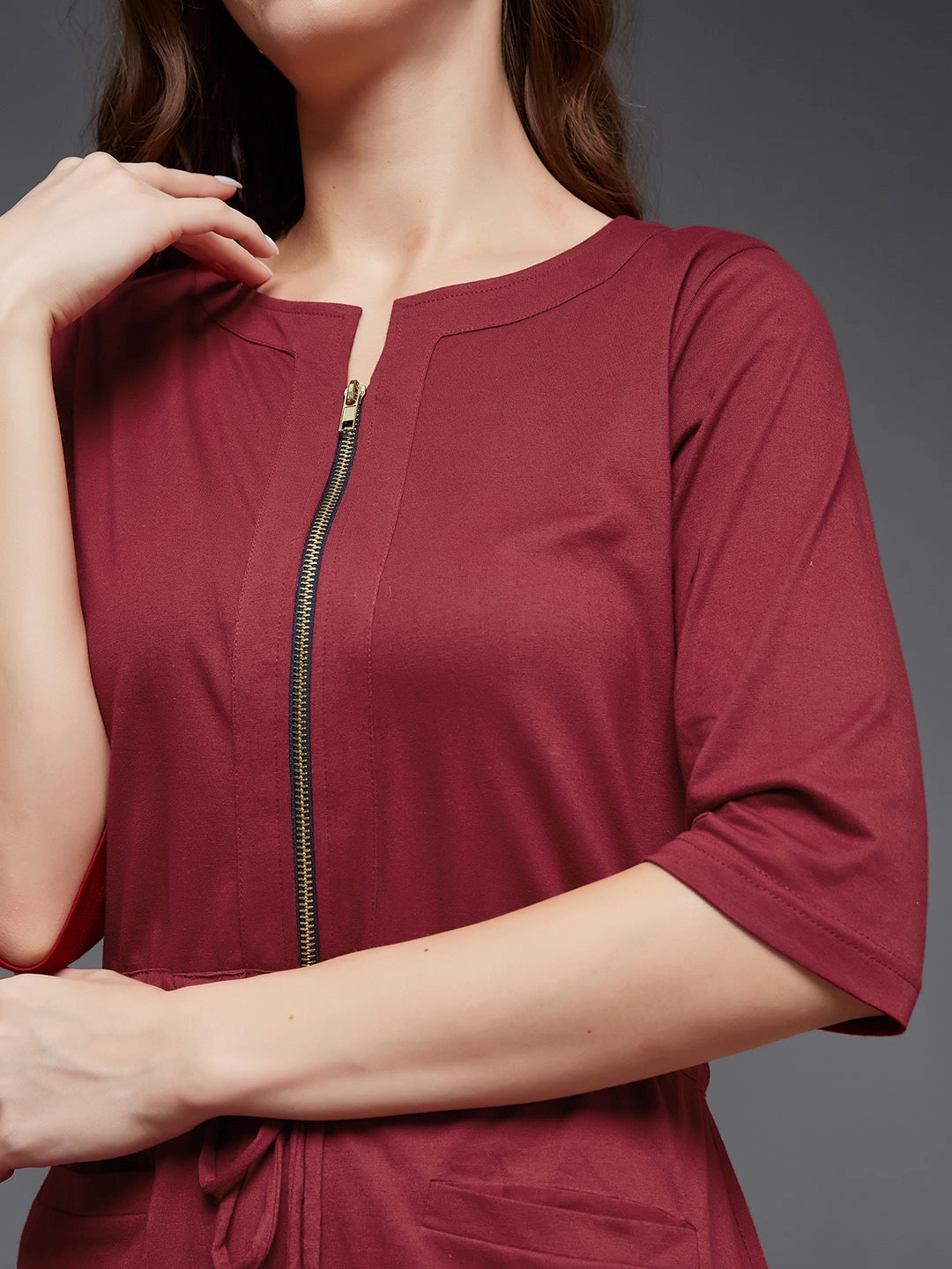 Smooth Wear Festival-Ready Women's Maroon Round Neck 3/4 Sleeves Cotton Solid Mini Shift Dress