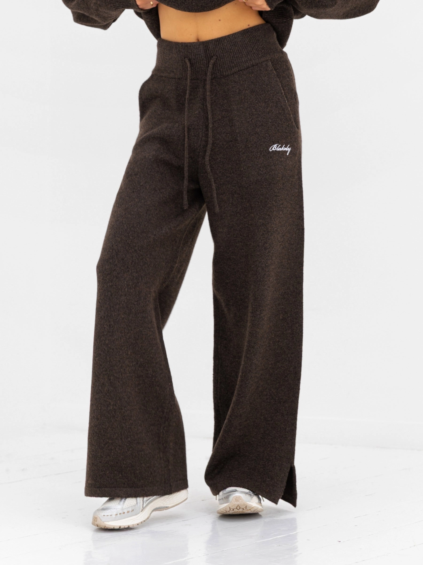 Knitted Wide Leg Sweatpants - Chocolate Brown Flexible Ankle Cuffs