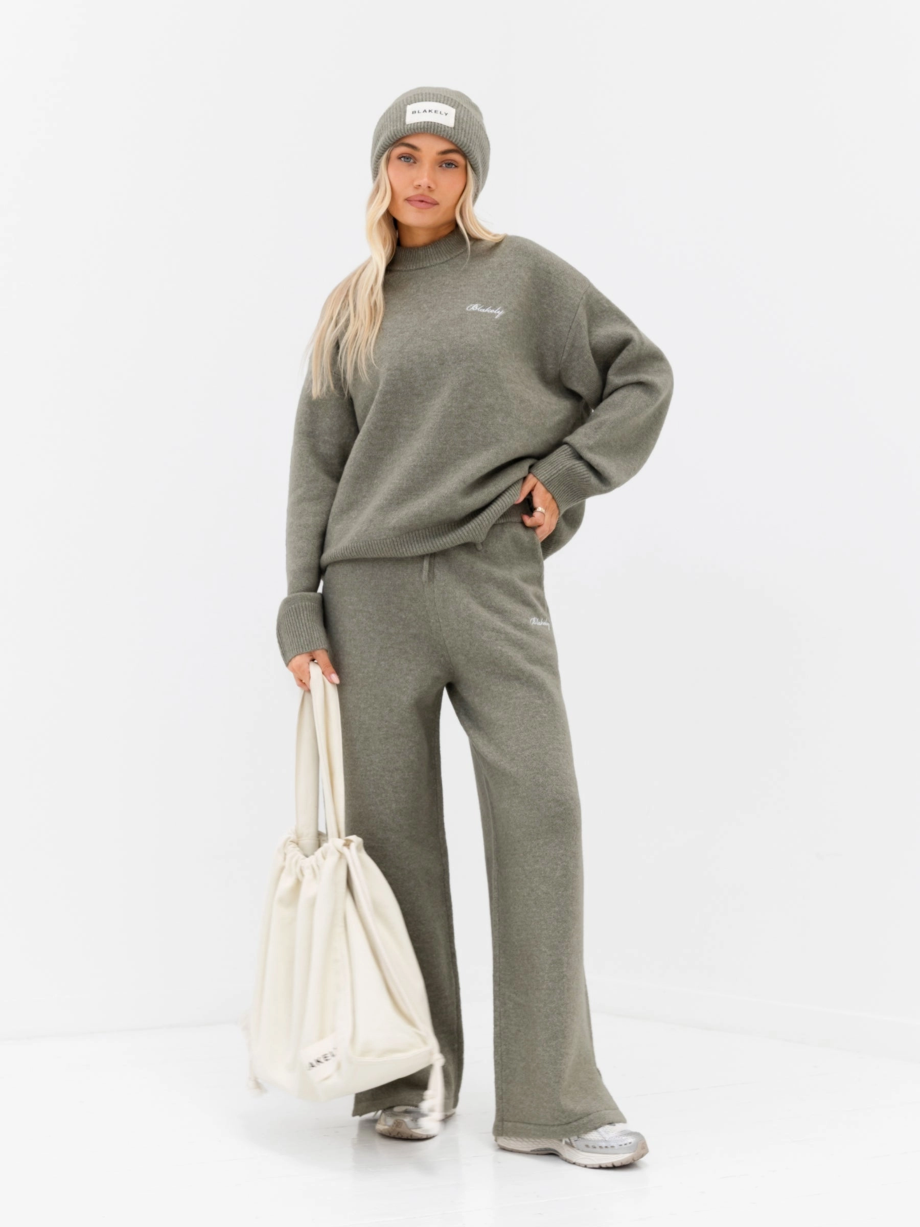 Knitted Wide Leg Sweatpants - Safari Green Breathable mesh lining