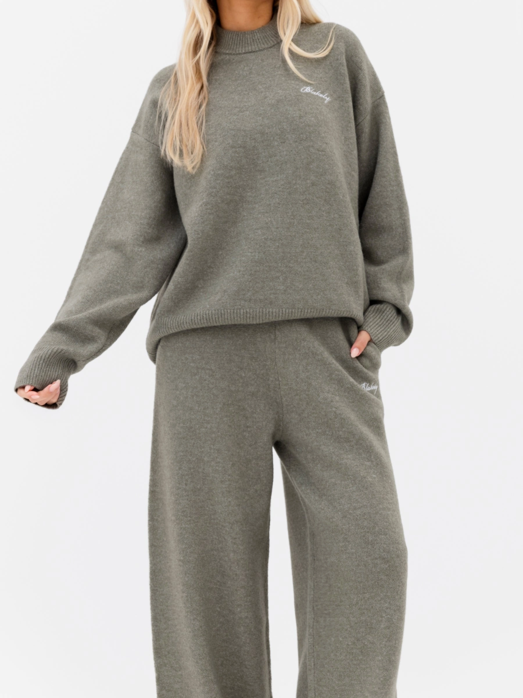 Knitted Wide Leg Sweatpants - Safari Green Stylish Appearance Structured Hemline