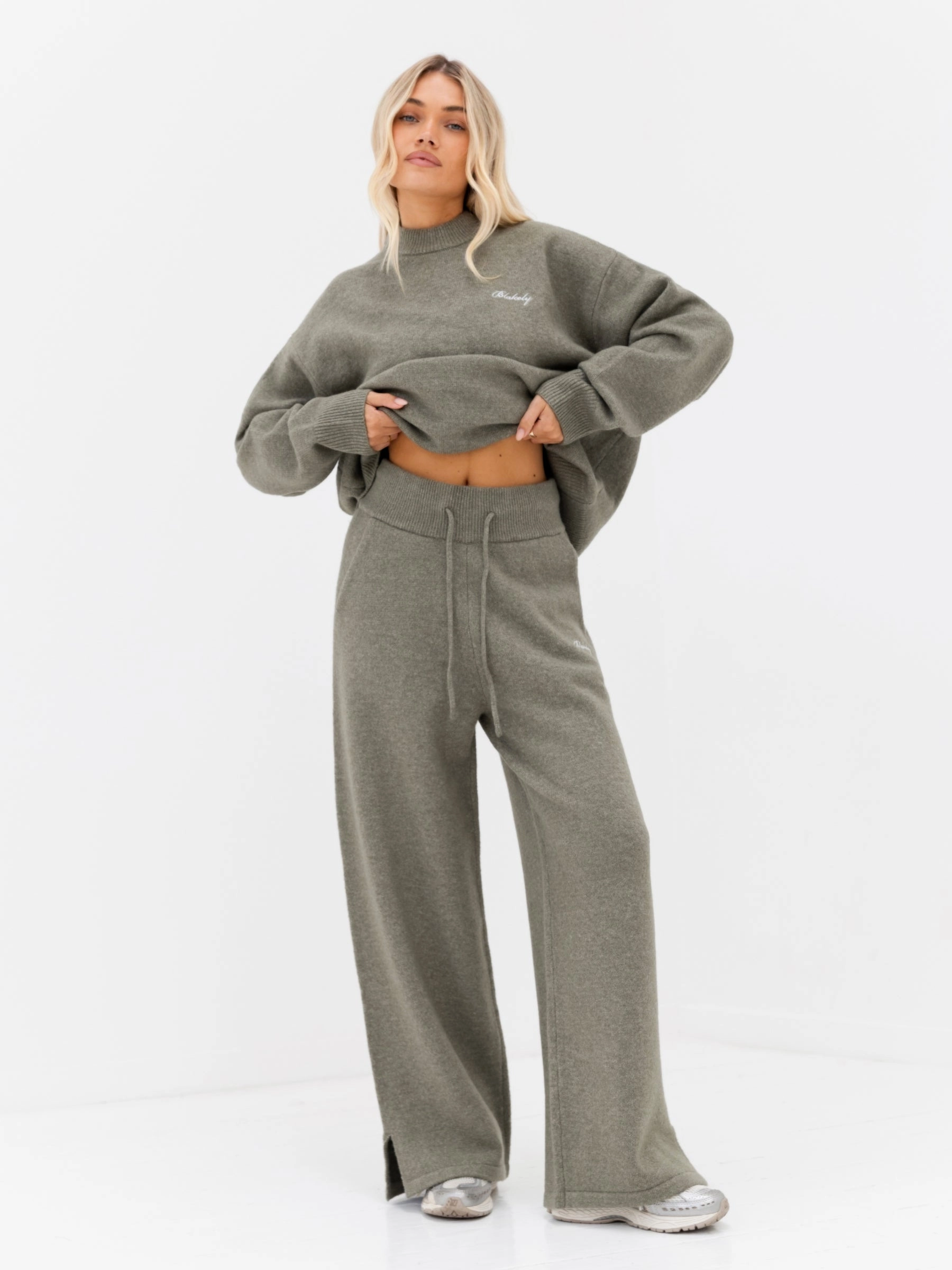 Knitted Wide Leg Sweatpants - Safari Green Utility Ready