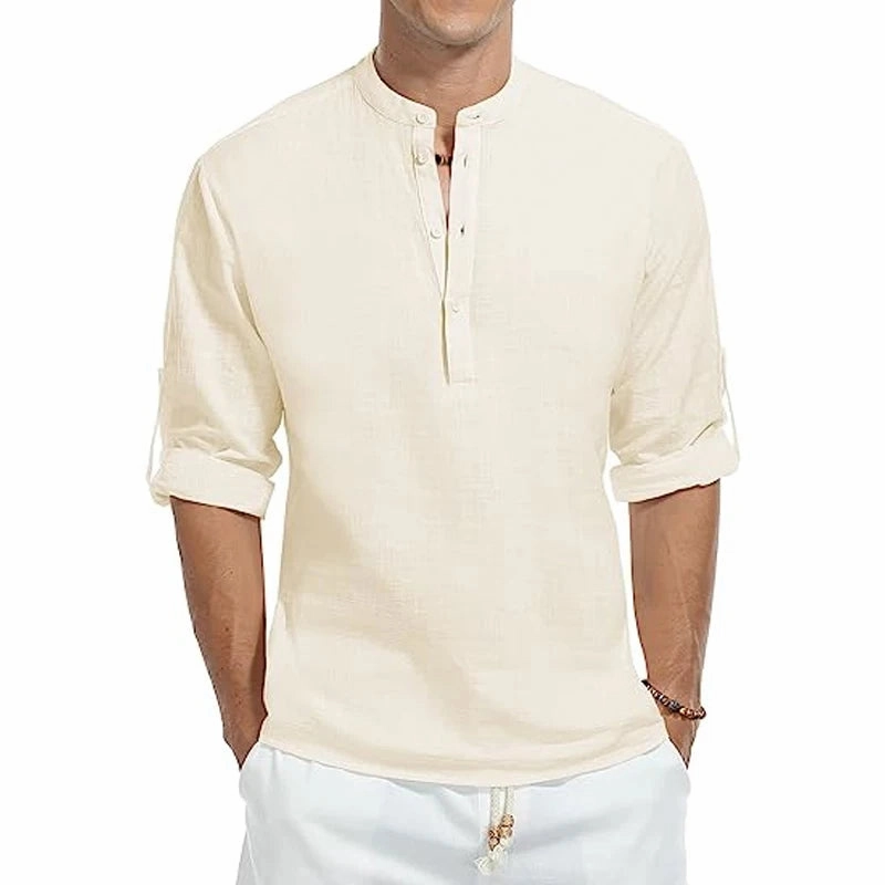 West Louis? Cotton Long Sleeve Band Collar Henley Shirt Relaxed Comfort Look Basic Comfort
