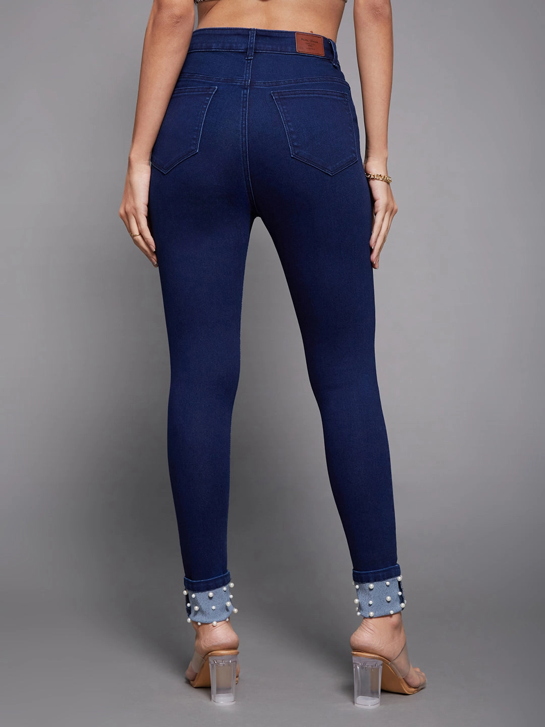 24/7 Comfort Navy-Blue Skinny-Fit High-Rise Pearl Embellished Stretchable Denim Jeans Casual Spring Mood Classic Wear